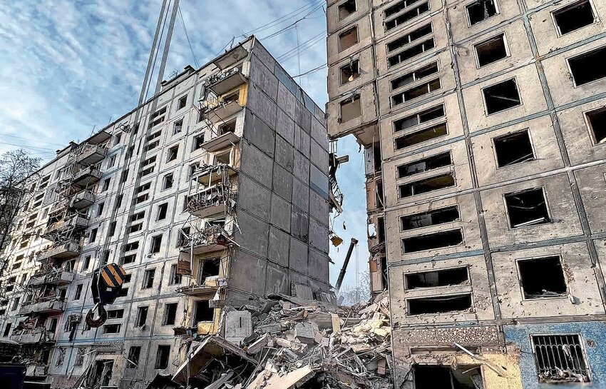 Damage to a residential building in Zaporizhzhia, Ukraine, following a Russian airstrike on Oct. 9, 2022.