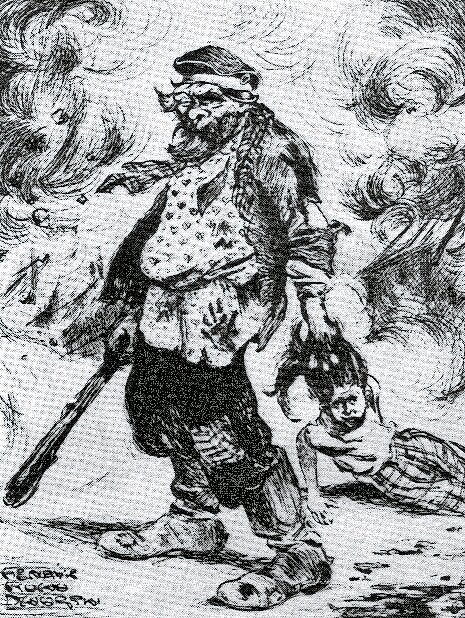 Caricature of a marauding Russian soldier and one of his victims in 1906 Białystok pogrom in which at least 75 Jews were murdered.