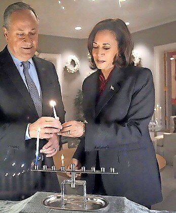 First Gentleman Emhoff, lighting the menorah with his wife Vice President Harris.