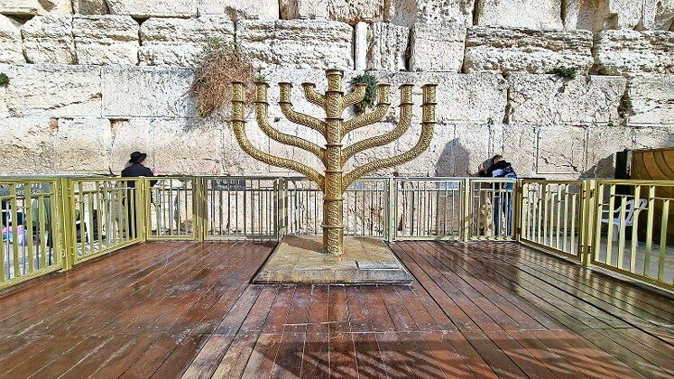 A traditional menorah in the Western Wall Plaza at Chanukah in 2022.