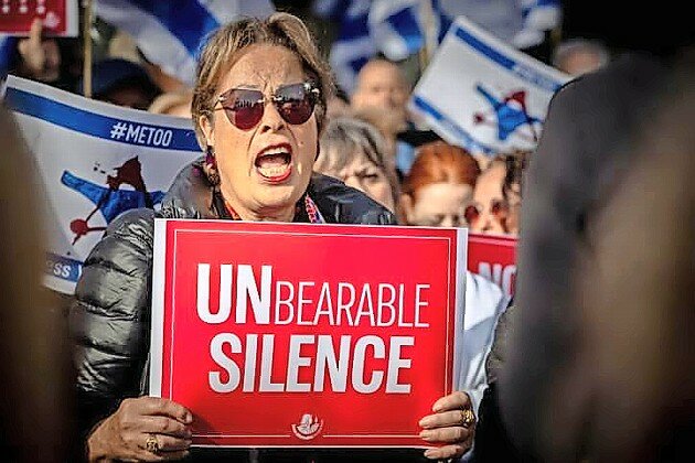 Demonstrators protest Hamas&rsquo; sexual violence against women during the Oct. 7 massacre, outside UN headquarters on Dec. 4.