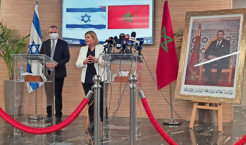 Israel&rsquo;s Economy Minister Orna Barbivai with Moroccan Minister of Industry and Trade Ryad Mezzour in Rabat, Morocco, on Feb. 21, 2022.