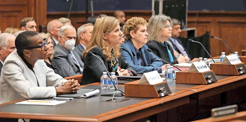Presenting their poorly-received testimony during a House committee hearing on campus antisemitism on Dec. 5, from left: Harvard University President Claudine Gay, University of Pennsylvania President Elizabeth Magill, American University Professor Pamela Nadell, and MIT President Sally Kornbluth.