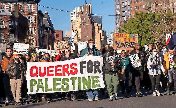 Protesters hold a &ldquo;Queers for Palestine&rdquo; sign in New York on Nov. 12.