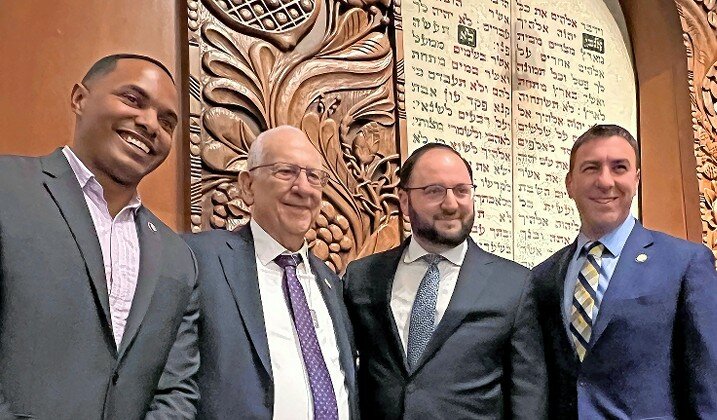 At the Riverdale Jewish Center on Monday night, from left: Rep. Ritchie Torres, former Israeli President Reuven Rivlin, Riverdale Jewish Center Rabbi Dovid Zirkind, and New York City Councilman Eric Dinowitz.