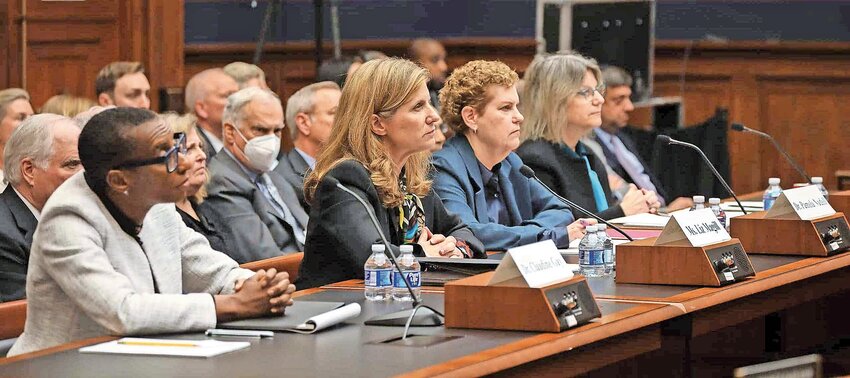 Facing a House of Representatives committee, from left: Harvard&rsquo;s Claudine Gay, University of Pennsylvania&rsquo;s Elizabeth Magill, American University&rsquo;s Pamela Nadell, and MIT&rsquo;s Sally Kornbluth, on Dec. 5, 2023.