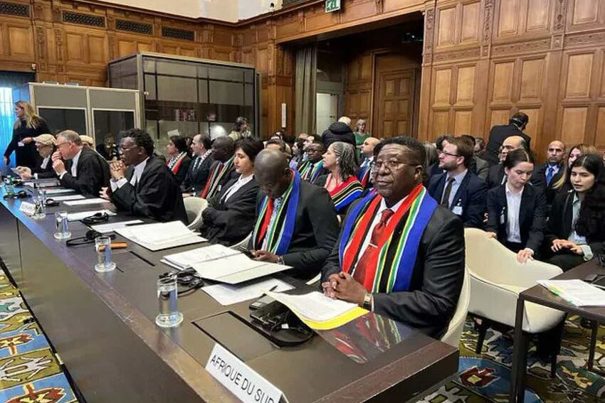 The South African delegation presents its case at the International Court of Justice in The Hague, Jan. 11, 2024.