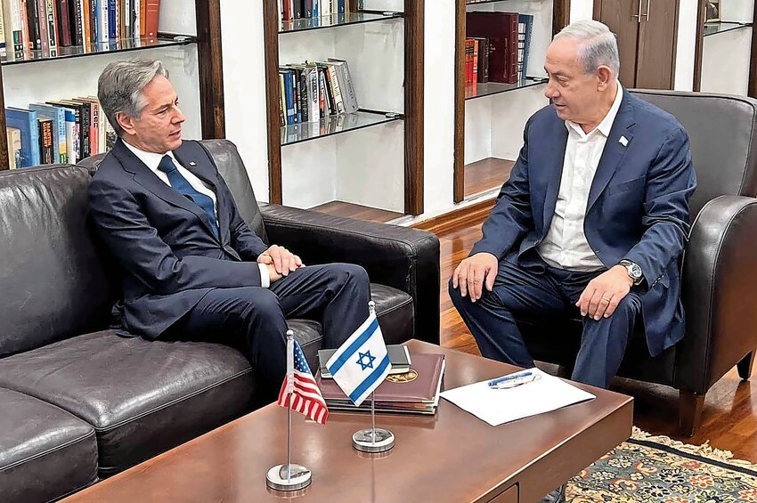 Israeli Prime Minister Benjamin Netanyahu meets with Secretary of State Antony Blinken at the Kirya military headquarters in Tel Aviv on Nov. 3, 2023.