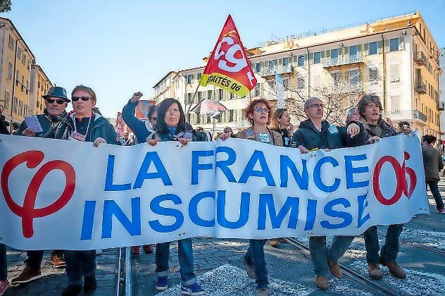 Protesters associated with the far-left group La France Insoumise demonstrate Nice, in the south of France, against governmental reform in 2018.