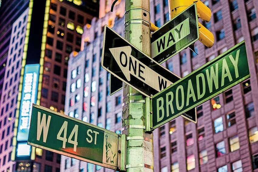 Street signs on the corner of Broadway and 44th Street.