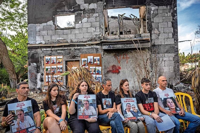 Families of Israelis held by Hamas terrorists in the Gaza Strip, at Kibbutz Be&rsquo;eri on Dec. 20.