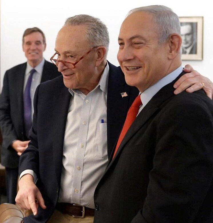 Senate Majority Leader Chuck Schumer joined several senators and Israeli Prime Minister Benjamin Netanyahu in the prime minister's Jerusalem office on Feb. 25, 2023.