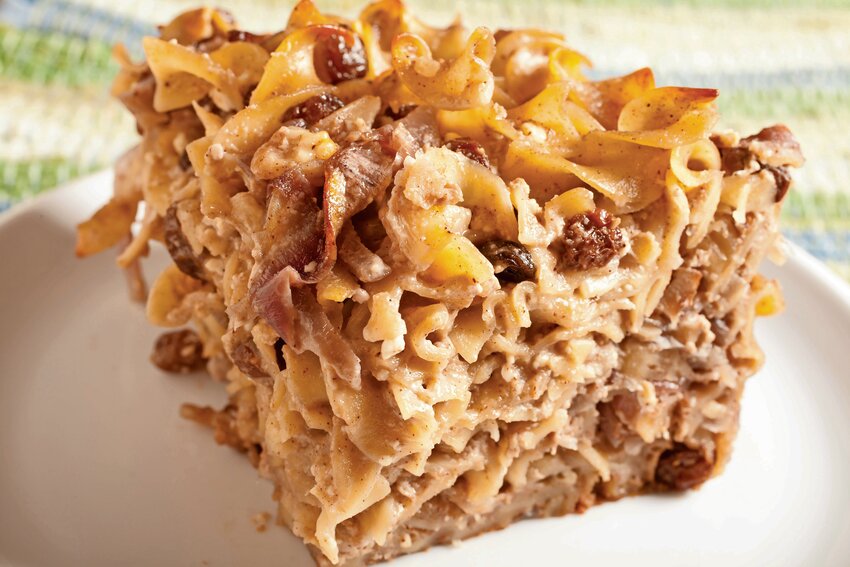Instead serving this slice of a large kugel, prepare individual kuglettes, which store easily and can be easily added to your menu when extra guests arrive.