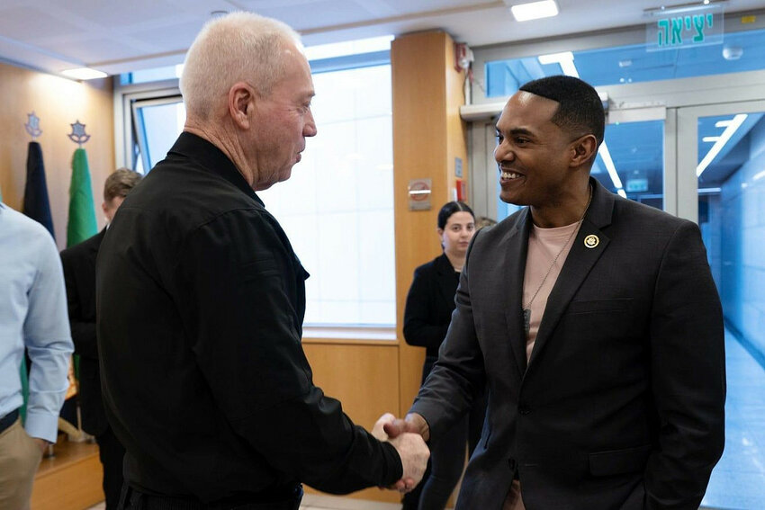 Israeli Defense Minister Yoav Gallant meets with Rep. Ritchie Torres (D-N.Y.) at the Ministry of Defense headquarters in Tel Aviv on April 2, 2024.