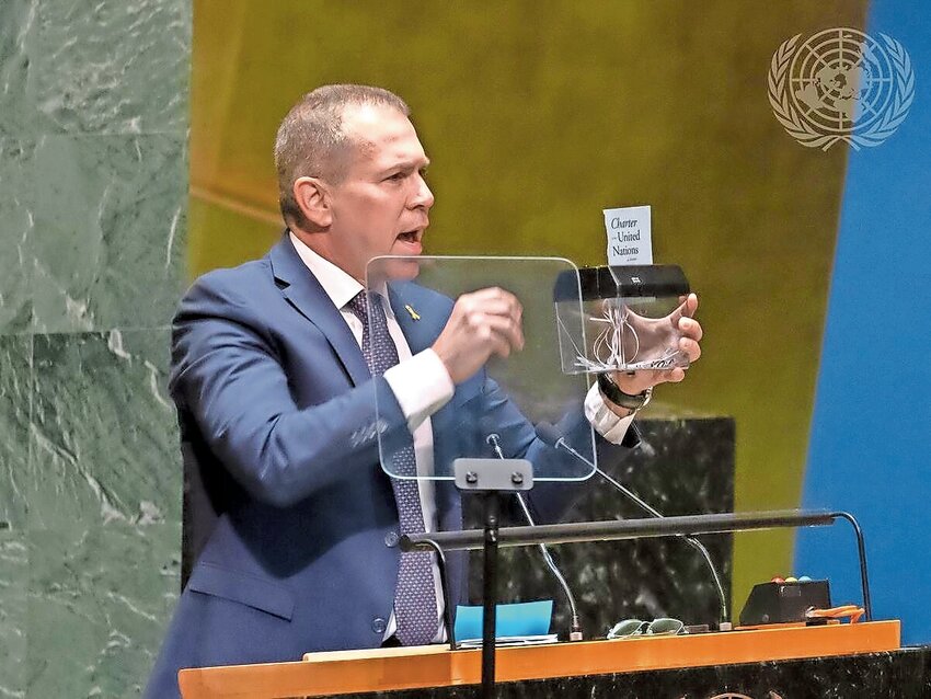 Israeli UN Ambassador Gilad Erdan shreds a page of the Charter of the United Nations as he addresses the General Assembly on May 10.