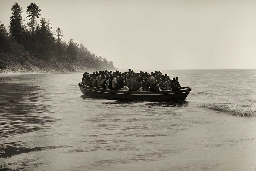 An illustrative image of an immigrant boat approaching the shore.