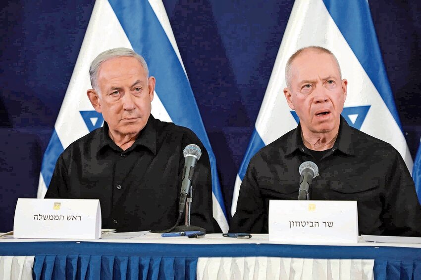 Prime Minister Benjamin Netanyahu and Defense Minister Yoav Gallant hold a press conference at the Ministry of Defense in Tel Aviv, Oct. 28, 2023.