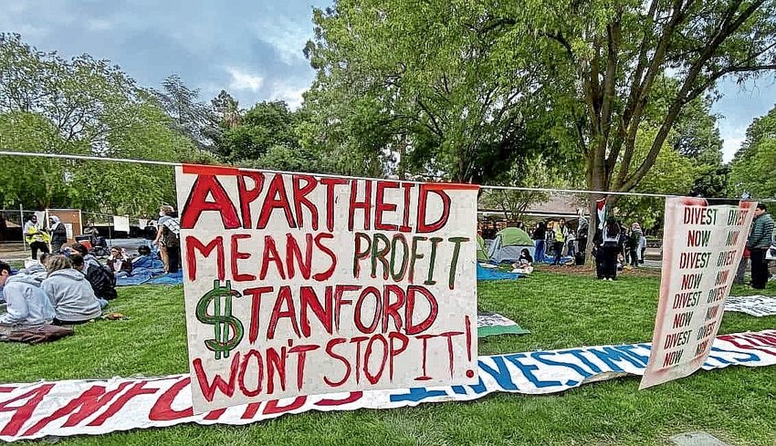 A pro-Palestinian, anti-Israel student tent encampment at Stanford University in Palo Alto on April 25.