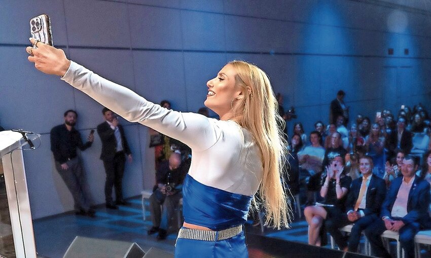 Montana Tucker, one of the big influencers at this week&rsquo;s anti-Jew-hatred summit in Manhattan, takes a selfie at the event.