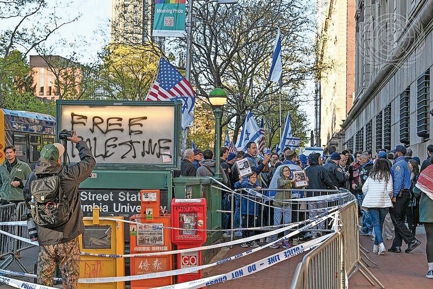 A view of protesters demonstrating outside the campus of Columbia University on  April 25.