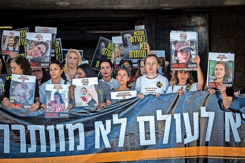 Mothers of Israelis still being held hostage by Hamas in the Gaza Strip since Oct. 7, along with activists and Knesset members, protest for their release at the Knesset on July 8.