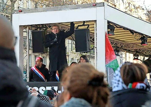Left-wing French politician Jean-Luc M&eacute;lenchon speaks at an anti-Israel demonstration in Paris on Dec. 2, 2023.