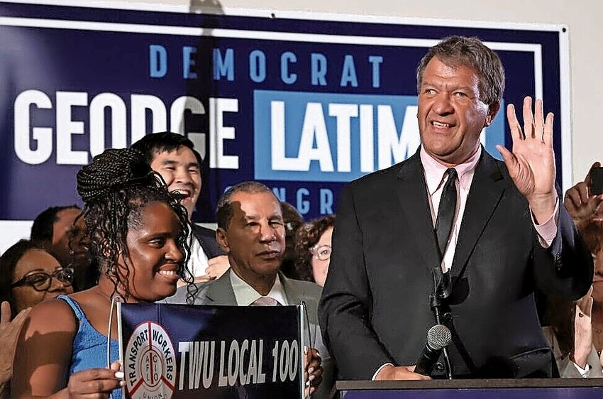 Westchester County Executive George Latimer speaks to supporters after winning his race against incumbent Rep. Jamaal Bowman.