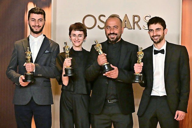 Winning the Oscar for Best Documentary Feature was &ldquo;No Other Land,&rdquo; a film which focuses on Israeli soldiers tearing down homes and evicting Arab residents of Masafer Yatta, south of Hebron, to create a training ground for the IDF. From left: Israeli journalist and filmmaker Yuval Abraham, US producer Rachel Szor, Emirati filmmaker Hamdan Ballal, and Palestinian journalist and filmmaker Basel Adra.