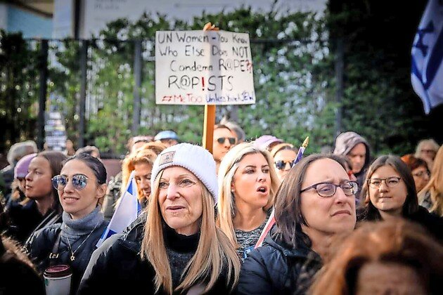 Demonstrators protest sexual violence by Hamas during its invasion of southern Israel on Oct. 7, 2023, outside the UN in New York on Dec. 4, 2023.