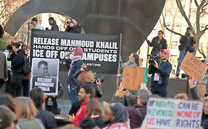 Protests in the Thomas Paine Park in New York on March 10 against the detention of Mahmoud Khalil.