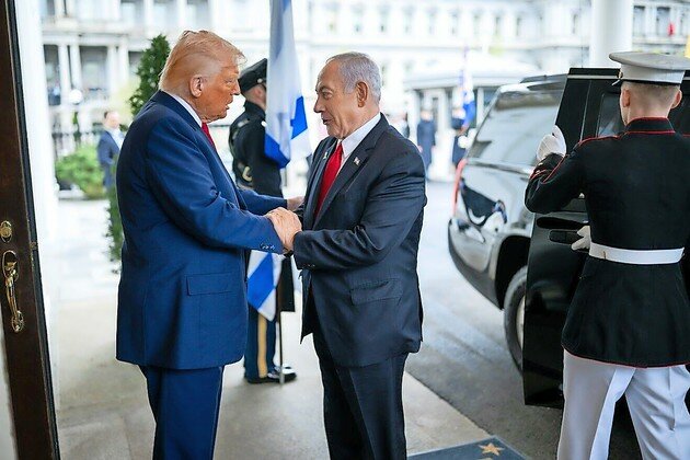 President Donald Trump greets Israeli Prime Minister Benjamin Netanyahu at the White House on Monday.