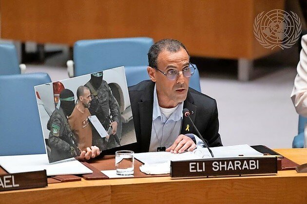 Freed hostage Eli Sharabi briefs a UN Security Council meeting on March 20. His testimony was published in The Jewish Star last week.