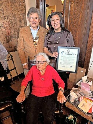 Rep. Grace Meng with Holocaust survivor Hanna Slome and Nick Winton at Slome&rsquo;s 100th birthday celebration in Flushing. Winton&rsquo;s father saved Slome and 668 other children aboard the Kindertransport in 1939.