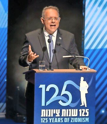 Yaakov Hagoel, World Zionist Organization chair, delivers a speech in Basel, Switzerland, marking the 125th anniversary of the First Zionist Congress at the city&rsquo;s historic Stadtcasino, where journalist Theodor Herzl convened the first congress that paved the way towards establishing the modern-day State of Israel, Aug. 29, 2022.