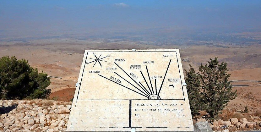 A chart of cities in Israel on the top of mount Nebo. Mount Nebo is where Moses was given a view of the promised land that G-d was giving to the Jews.