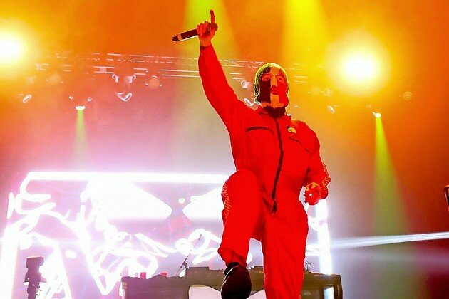 DJ Provai from Irish hip-hop trio Kneecap performs onstage during the 2025 Coachella Valley Music and Arts Festival in California on April 11.