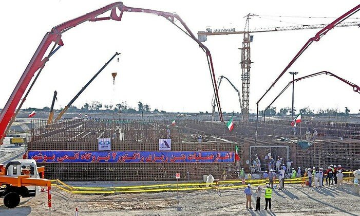 Workers on the construction site of a second reactor in Iran&rsquo;s Bushehr nuclear power plant, in 2019.