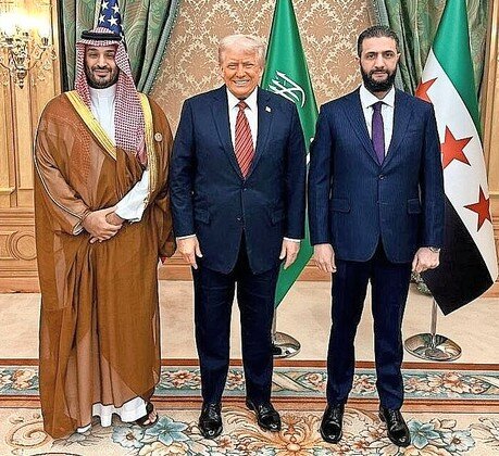 President Donald Trump meets Syrian President Ahmed al-Sharaa and Saudi Crown Prince Mohammed bin Salman in Riyadh, Saudi Arabia on May 14.