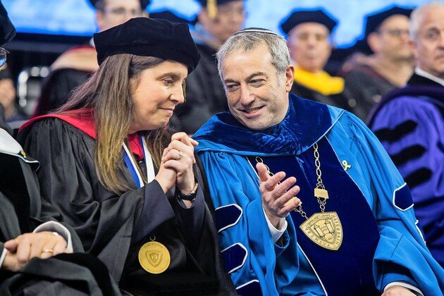 Rabbi Ari Berman, Yeshiva University president, speaks with Rep. Elise Stefanik during YU&rsquo;s commencement at Louis Armstrong Stadium, at the Billie Jean King National Tennis Center in Queens on May 22.