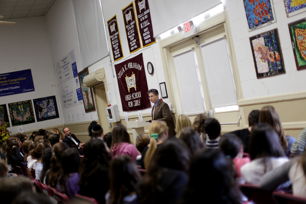 Jay Feinberg, founder and director of the Gift of Life Bone Marrow Foundation, speaks to students at the Stella K. Abraham High School for Girls in Hewlett, Monday, Sept. 13, 2010. Feinberg is a lukemia survivor who started his foundation to maintain the screening networks that he and his family established among Jewish communities throughout the world after Feinberg was diagnosed with the disease in the 1990s.