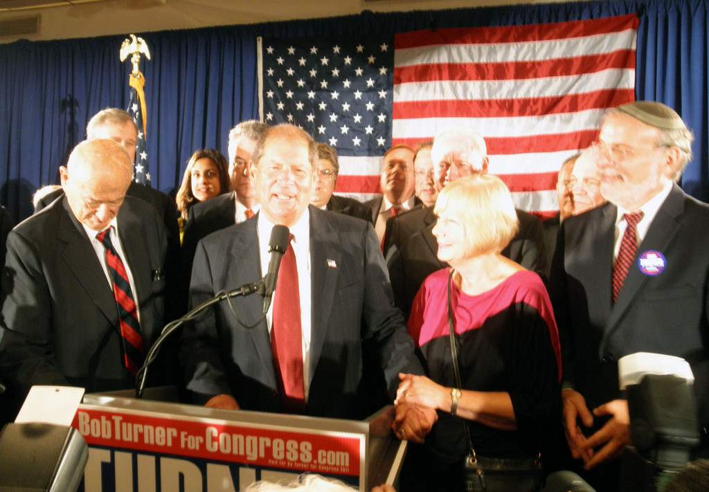 Winner Bob Turner, flanked by top supporters Ed Koch, Rep. Peter King, Turner's wife Peggy, and State Assemblyman Dov Hikind on election night. The race was widely viewed as a local referendum on President Obama’s policies.