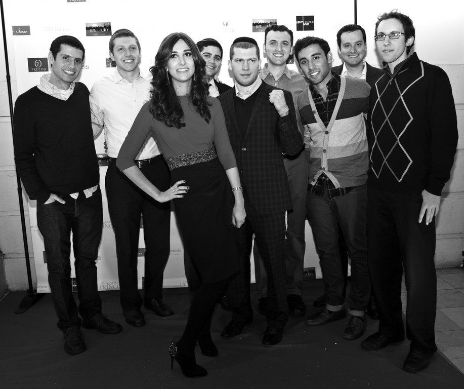 Jew in the City creator Allison Josephs poses with boxer Dimitriy Salita and The Maccabeats
