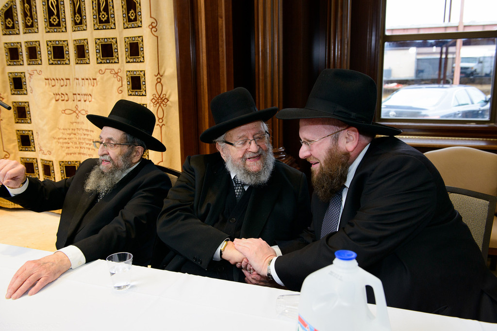 From left, Rabbi Shmuel Kamenetzky, Rabbi Binyomin Kamenetzky, Rosh Yeshiva YGFT Rabbi Moshe Zev Katzenstein, at the chanukat habayit of the Yeshiva Gedolah of the Five Towns.