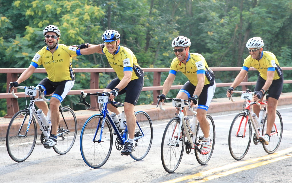Some of the Five Towners on the road for Bike4Chai in 2013. From left: Ari Ginsberg, Allan Lieberman, Avi Eisenberg and Jonathan Weinstein.