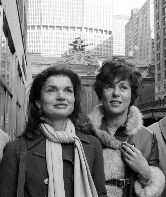 Bess Myerson (right) and Jacqueline Kennedy Onassis leave Grand Central in 1975 after holding a news conference as members of the Committee to Save Grand Central Station.