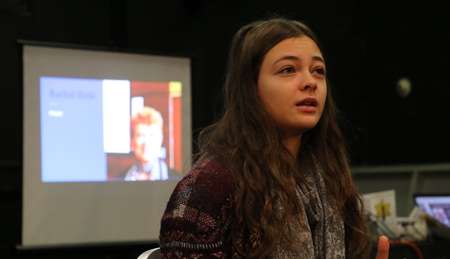 Wagner student Anais Mazic portrays Rachel Roth (of Warsaw ghetto, Auschwitz survivor), whose picture is displayed in the background.