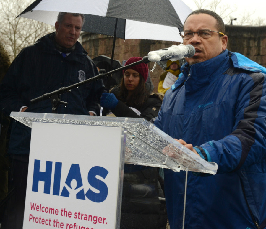 Speaking at a HIAS-organized pro-refugee rally in New York on Sunday: Michigan Rep. Keith Ellison, a contender to head the Democratic National Committee whose past links to the Nation of Islam and recent unsupportive views of Israel have worried Jewish leaders.