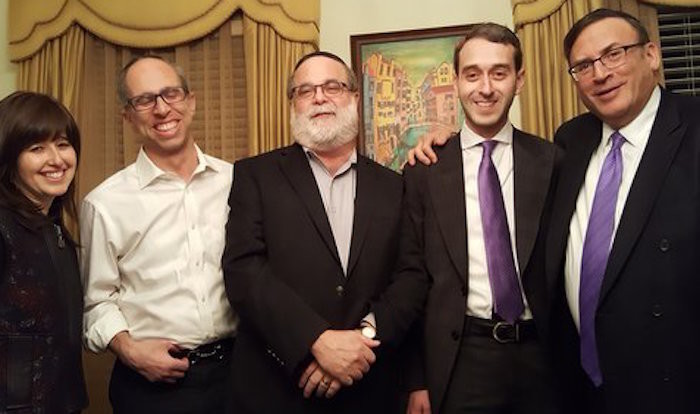 At CAHAL’s Sunday evening event, from left: Drs. Ari and Suri Weinreb, Sheldon Ehrenreich, Rabbi Moshe Rudich and Rabbi Wallerstein.