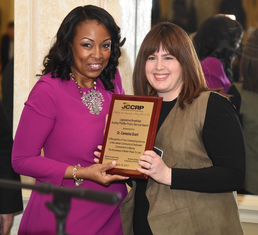 Public Service Award winner Dr. Camesha Grant, vice president of community connections and reach for the Food Bank for New York City, is pictured with JCCRP CFO Deborah Pelman.