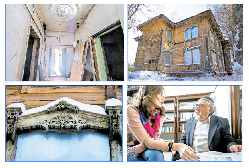 Clockwise from top left: The entrance hall of the Tomsk’s Soldiers’ Synagogue building in Tomsk; outside the Soldiers Synagogue building in Tomsk; Tomsk historian David Kuzhner and Chana Safarova-Nikitenko reviewing archive material at the library of the Great Synagogue of Tomsk; and Stars of David are worked into the facade of the Soldiers Synagogue in Tomsk, Siberia, which was built by conscripted Jews and only recently returned to the local Jewish community.